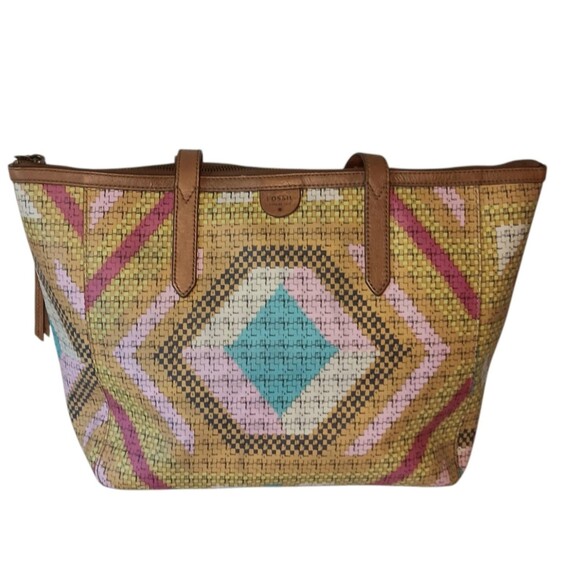 Fossil Sydney Canvas & Leather Tote Bag Multicolor Yellow Pink Blue Geometric - Picture 1 of 16